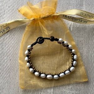 Freshwater Pearl Bracelet w/ gold beads- waxed cord w/ loop closure